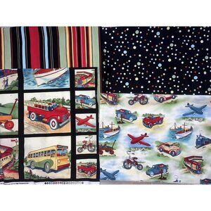 NEW 4 Pc Michael Miller Transportation Cotton Fabric Panel For Quilt 80x21 54x44